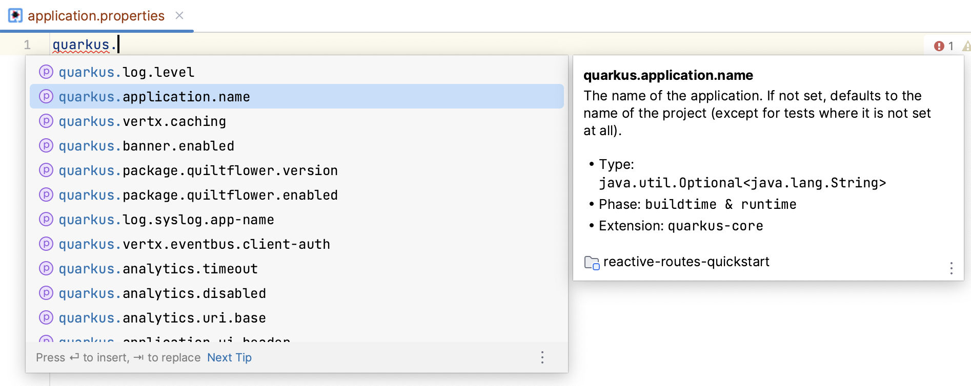 Quarkus properties completion