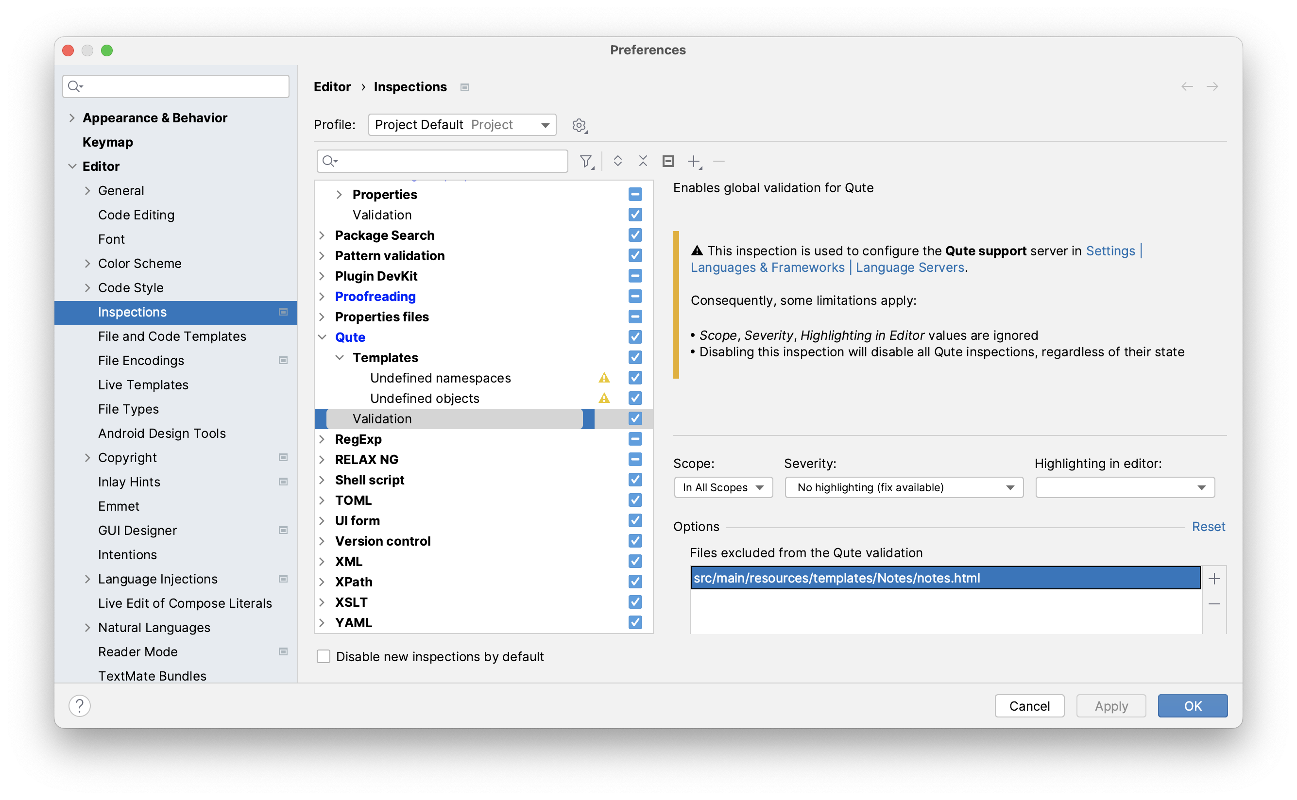 Qute validation settings