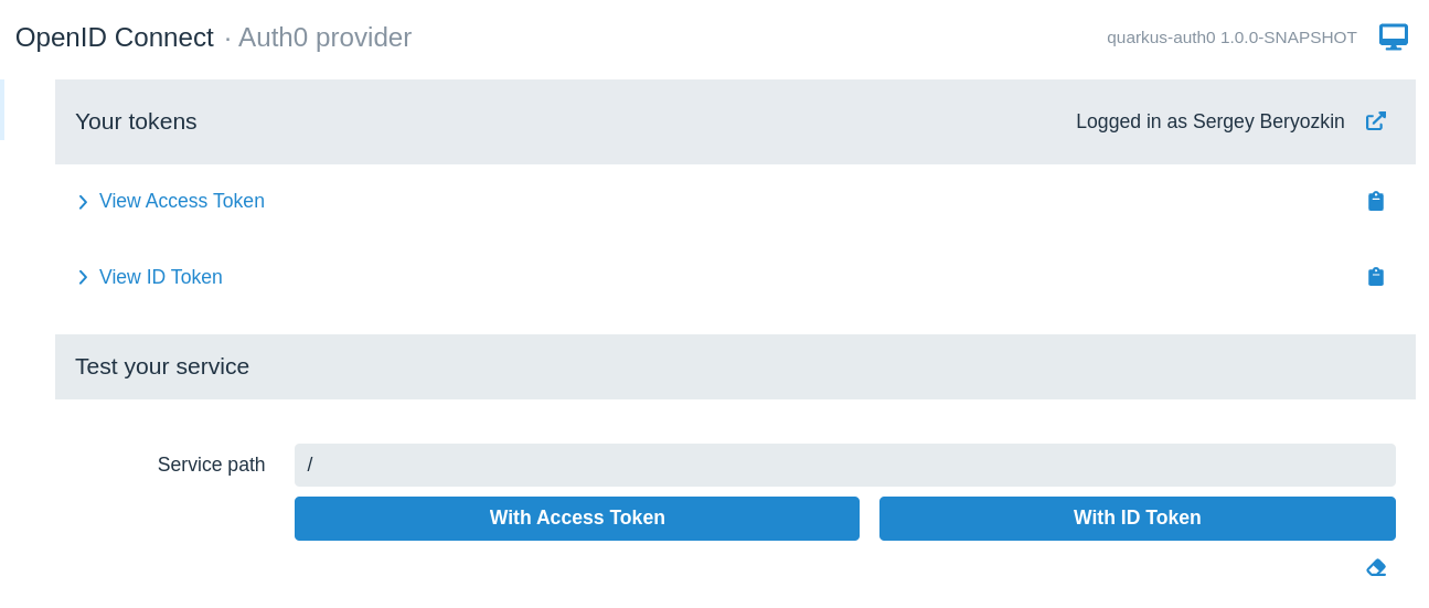 Auth0 Dashboard with name and Logout